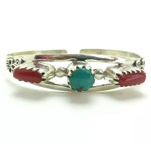 Turquoise Coral Gems Cuff Sterling Silver Bracelet